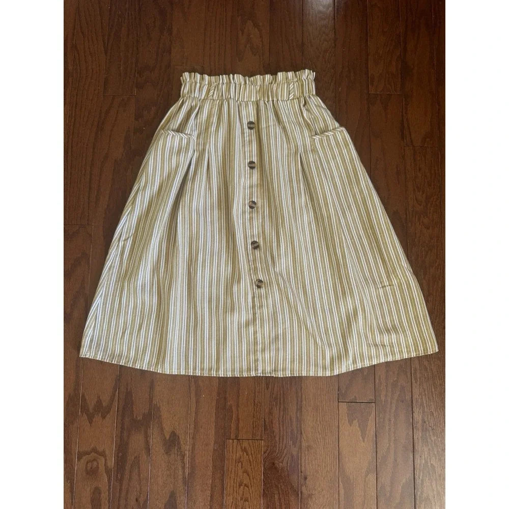 Sadie & Love‎ Striped Midi Skirt S Mustard Button Front Paper Bag Cottagecore